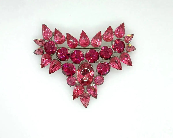 Fantastic Hot Pink and Red Heart Vintage Rhinestone Brooch