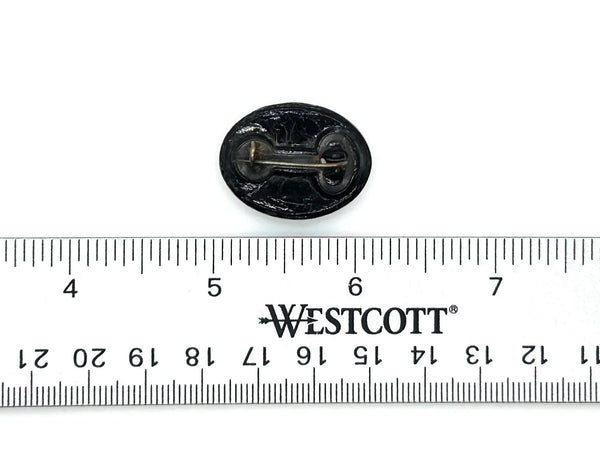 Discover this exquisite antique Victorian black glass brooch, a poignant piece of mourning jewelry originating from the mid-to-late 19th century. This captivating oval brooch boasts a delicately beaded border, framing a mesmerizing central design that evokes either a floral motif or a radiant starburst pattern. 