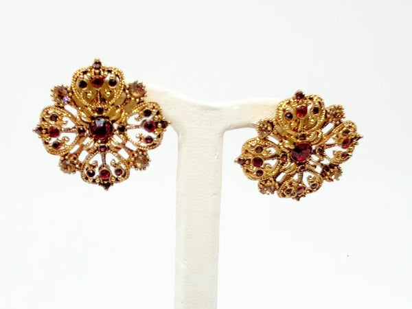 Delicately Filigreed Vintage Earrings with Scarlet and Black Stones