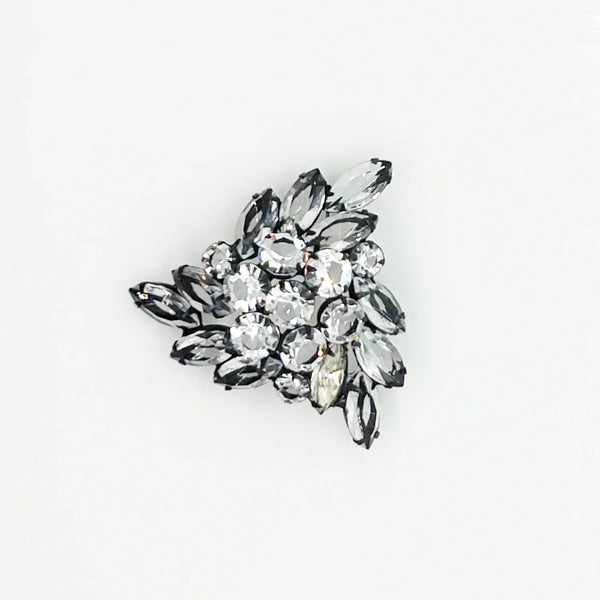 Vintage 3-D Triangular Clear Stones Brooch in Japanned Metal