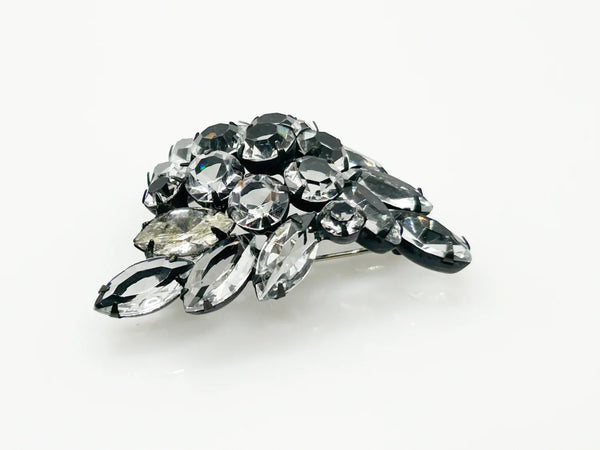 Vintage 3-D Triangular Clear Stones Brooch in Japanned Metal