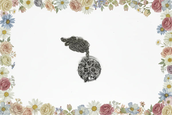 This striking, rounded, and very detailed brooch pendant makes a beautiful necklace. It measures 2" across and comes on a 24" chain with a secure fold-over clasp.