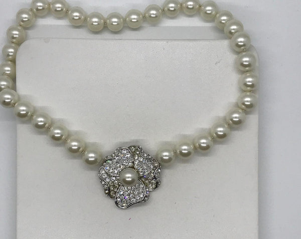 Kenneth Jay Lane Faux Pearl Necklace with Sparkling Flower in Original Box - Lamoree’s Vintage