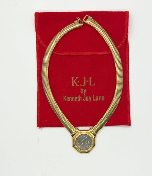 KJL Gold Tone Choker with Replica Coin Center- Hard to Find (1990s) - Lamoree’s Vintage