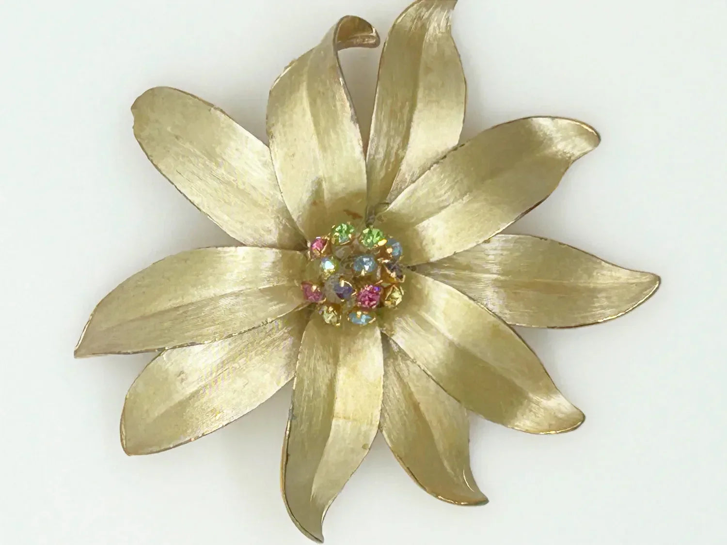 Vintage Flower Trembler Brooch with Pastel Rhinestone Center