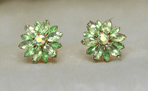 Large Peridot Green Vintage Rhinestone Floral Clip On Earrings - Lamoree’s Vintage