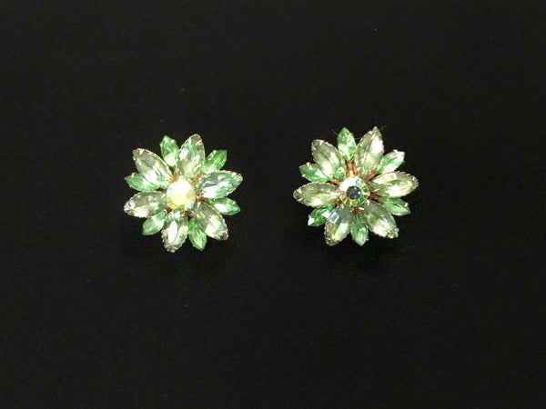 Large Peridot Green Vintage Rhinestone Floral Clip On Earrings - Lamoree’s Vintage