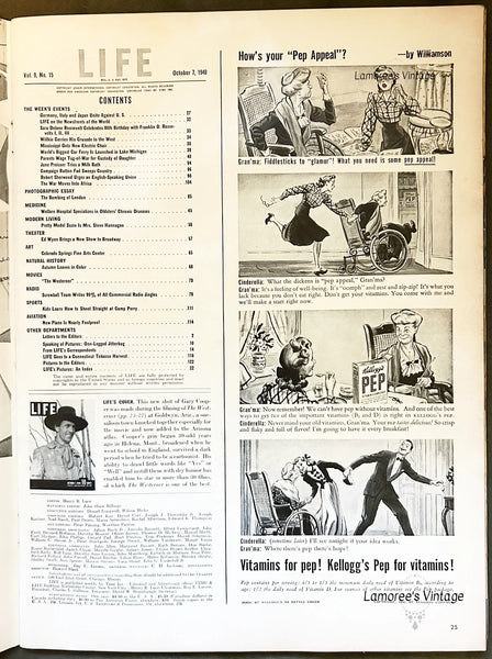 Cover: Gary Cooper; features include : Parents wage tug-of-war for custody of daughter Jacqueline Long. Actress June Preisser tries a milk bath, a campaign button fad sweeps the country. There's a feature on the world's largest car ferry. Playwright Robert Sherwood urges an English-speaking union. The war moves into Africa as Japan, Italy and Germany unite against the United States. Photo essay - the bombing of London. Mississippi gets new electric chair.