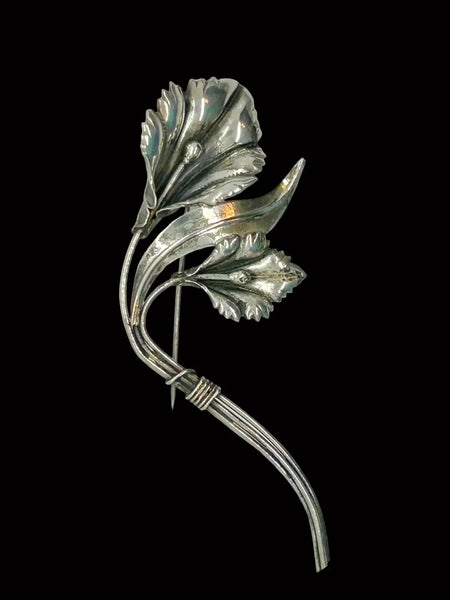 Vintage Sterling Silver 4" Curving Floral Brooch