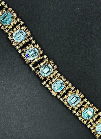 Luxurious Vintage Bracelet with Blue Rhinestones and Amazing Metalwork - Lamoree’s Vintage