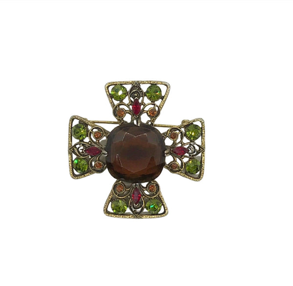 Magnificent Smoked Brown, Olivine Green and Red Capri Cross Brooch - Lamoree’s Vintage
