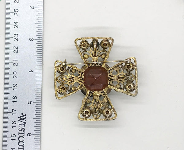 Magnificent Smoked Brown, Olivine Green and Red Capri Cross Brooch - Lamoree’s Vintage