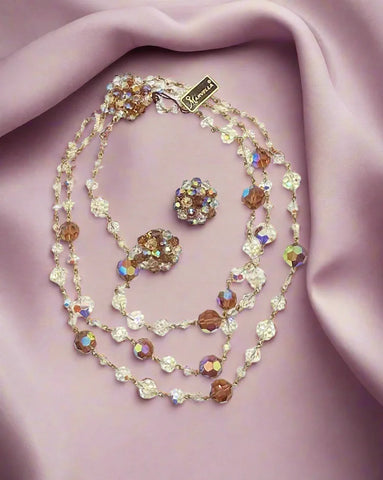 Vintage Marvella Three Strand Crystal Necklace and Earrings with Tags