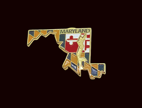 The lapel or tie tack pin shows the well known Maryland state map. This gold tone enamel pin is designed in the shape of Maryland, incorporating the unique state flag design. The pin combines the state outline with the colors and pattern of the official flag. "MARYLAND" is printed on the upper right