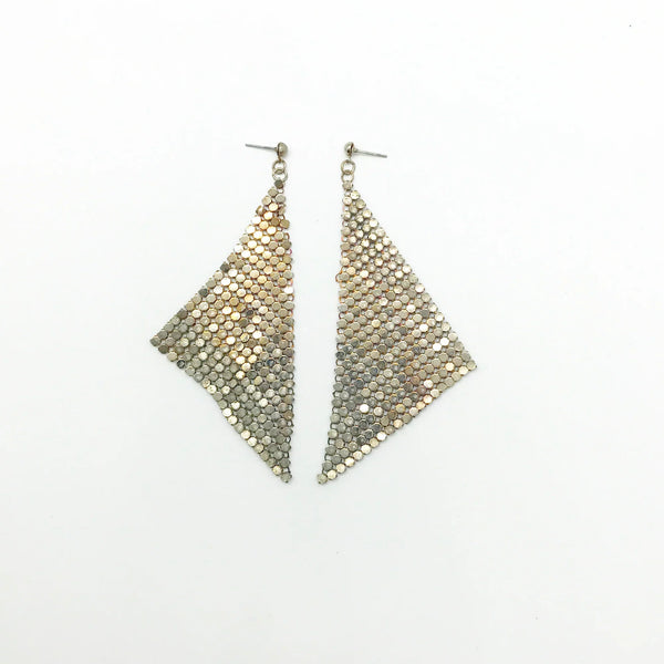 These are elegant and eye catching- and even more special once you give them a second and third look. Each tiny round disc is attached to the others by even more tiny rings. They are set in a triangular mesh that drapes and reflects the light.