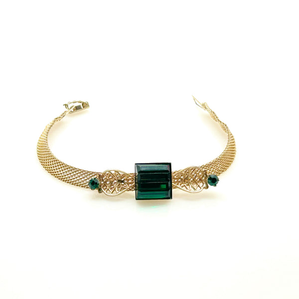 Vintage Green Glass Rhinestone Mesh Bracelet