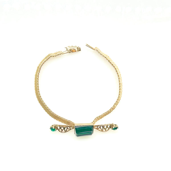 Vintage Green Glass Rhinestone Mesh Bracelet