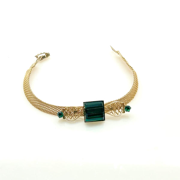 Vintage Green Glass Rhinestone Mesh Bracelet
