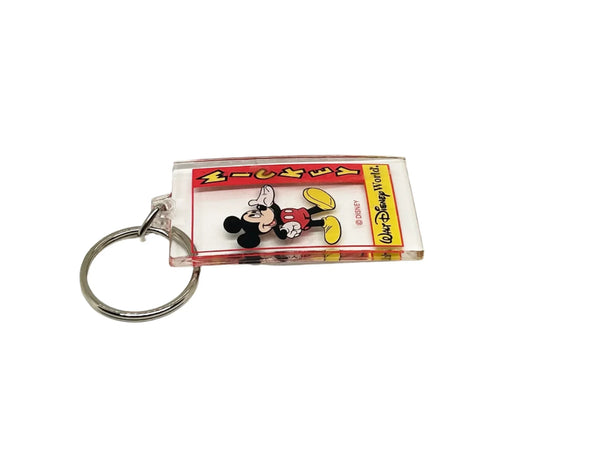 This Mickey Mouse keychain perfectly shows off Mickey's exuberant and friendly spirit. It is made of clear acrylic, and shows Mickey in his trademark red shorts with white buttons, white gloves and yellow shoes. He smiles broadly and extends a welcoming hand- the classic depiction of Mickey.