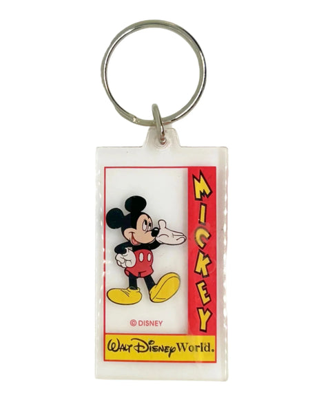 This Mickey Mouse keychain perfectly shows off Mickey's exuberant and friendly spirit. It is made of clear acrylic, and shows Mickey in his trademark red shorts with white buttons, white gloves and yellow shoes. He smiles broadly and extends a welcoming hand- the classic depiction of Mickey.