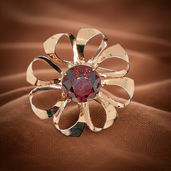 Vintage 1940s Sterling Floral Brooch with Large Red Center