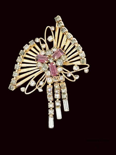 Introducing the M&amp;S 1/20 12kt G.F. Abstract Butterfly Brooch/Pendant — the perfect vintage solution to your style dilemmas. This exquisite butterfly brooch pendant highlights delicate abstract artistry paired with shimmering grey and purple/pink rhinestones