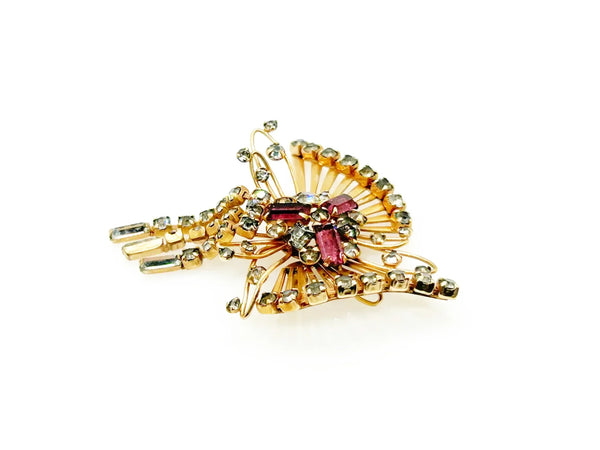 Introducing the M&amp;S 1/20 12kt G.F. Abstract Butterfly Brooch/Pendant — the perfect vintage solution to your style dilemmas. This exquisite butterfly brooch pendant highlights delicate abstract artistry paired with shimmering grey and purple/pink rhinestones