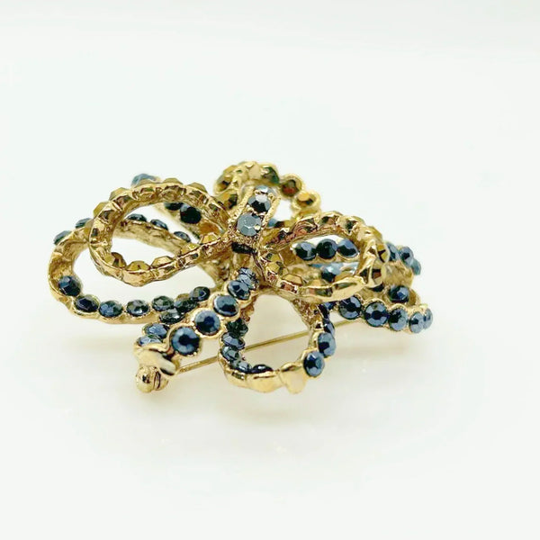 Vintage 3-D Dark Blue and Gold Stones Ribbon Bow Brooch