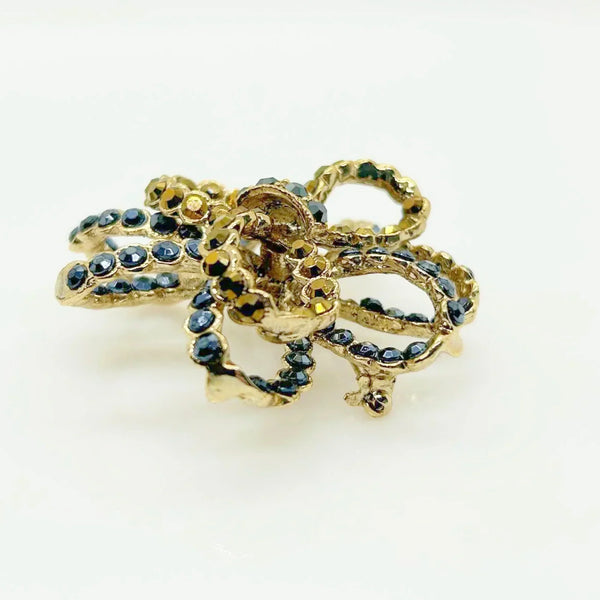 Vintage 3-D Dark Blue and Gold Stones Ribbon Bow Brooch