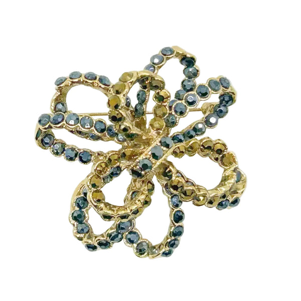 Vintage 3-D Dark Blue and Gold Stones Ribbon Bow Brooch