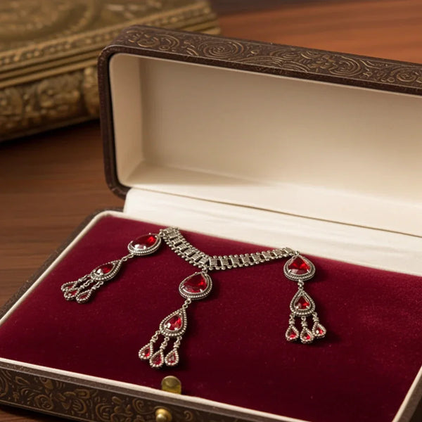Ornate Vintage Drop Necklace with Red Stones:  All Heads Will Turn!