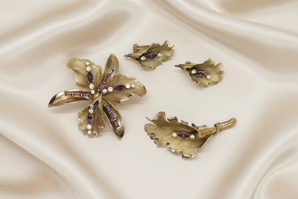 Vintage Orchid Parure with Purple and Clear Rhinestones