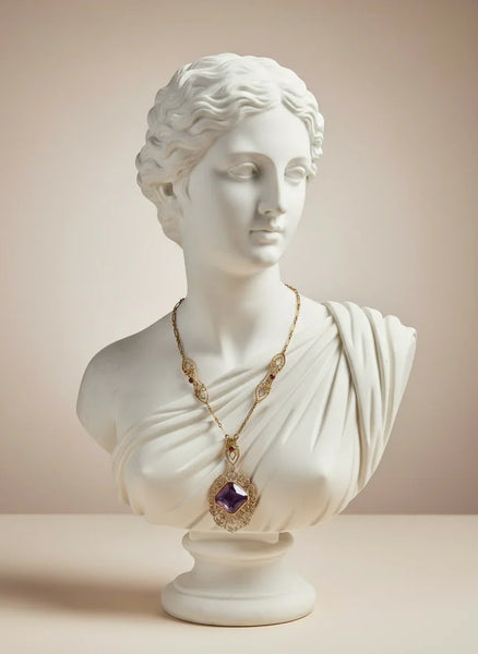 Enhance your jewelry collection with this one-of-a-kind standout piece. Adorned with intricate filigree and glistening purple stones, this necklace exudes elegance and charm. The centerpiece, a stunning diamond-shaped violet stone set in an ornate oval frame, adds a touch of luxury to any outfit