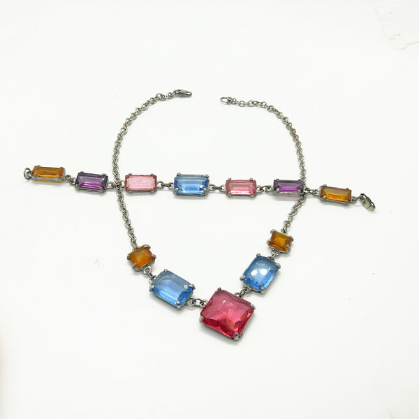 Colorful Pink, Blue and Golden Art Deco Crystal Necklace and Bracelet Set - Lamoree’s Vintage