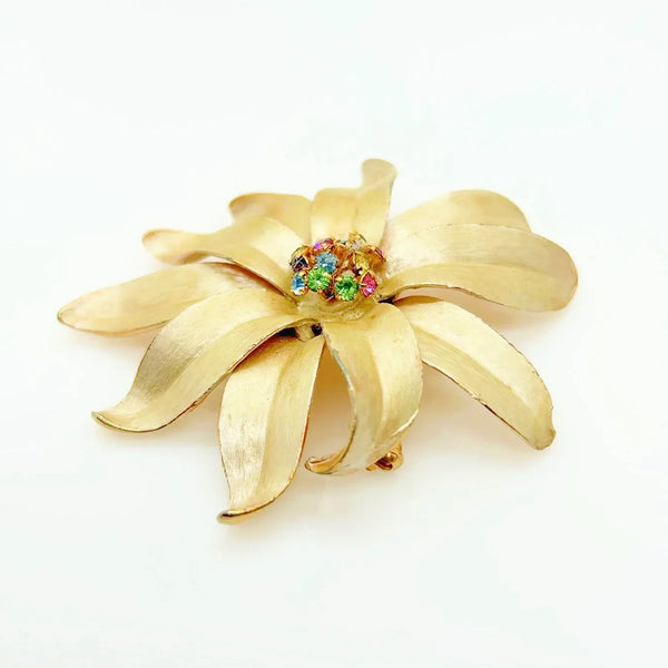 Vintage Flower Trembler Brooch with Pastel Rhinestone Center