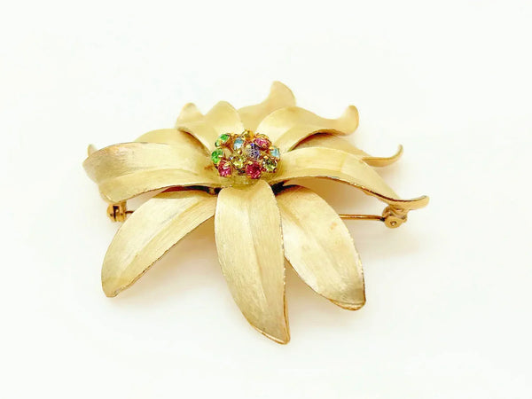 Vintage Flower Trembler Brooch with Pastel Rhinestone Center