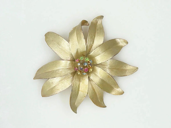 Vintage Flower Trembler Brooch with Pastel Rhinestone Center