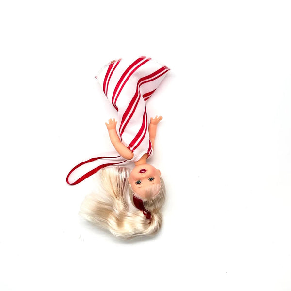 2001 Peppermint Kelly ornament doll from Mattel's Kelly Club line. She was released as part of the "I'm an Ornament Too!" series, specifically designed to double as a Christmas tree decoration.