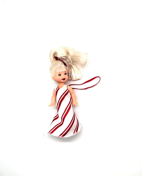 2001 Peppermint Kelly ornament doll from Mattel's Kelly Club line. She was released as part of the "I'm an Ornament Too!" series, specifically designed to double as a Christmas tree decoration.