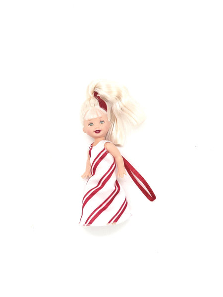 2001 Peppermint Kelly ornament doll from Mattel's Kelly Club line. She was released as part of the "I'm an Ornament Too!" series, specifically designed to double as a Christmas tree decoration.
