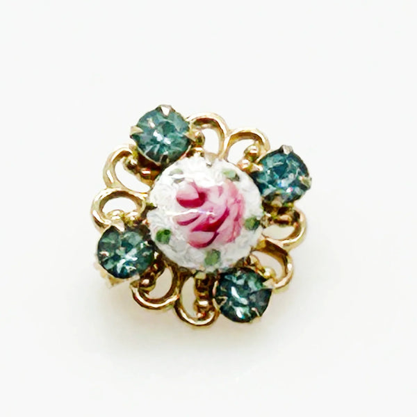 Tiny Round Scatter Pin With a Pink Rose and Blue Rhinestones