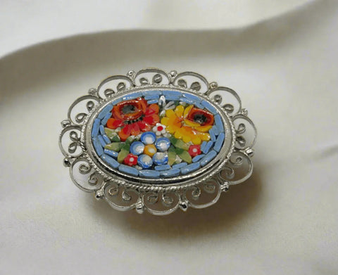 Pretty Vintage Floral Micro Mosaic Vintage Brooch - Lamoree’s Vintage