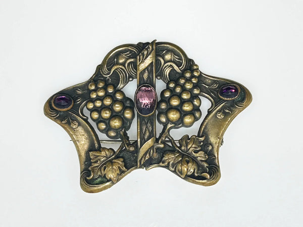 Antique Art Nouveau Brass Sash Pin with Purple Stones