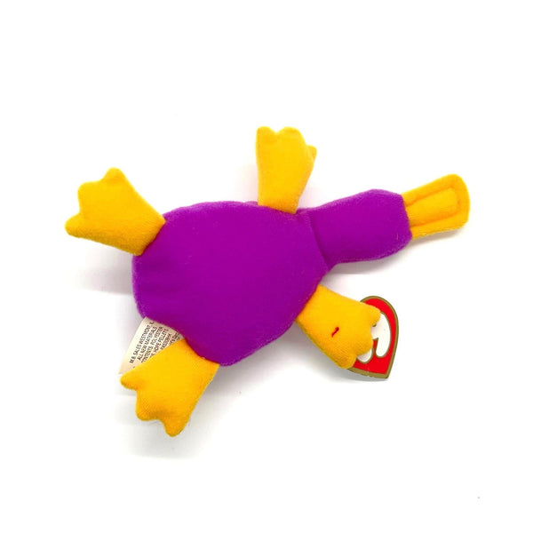 Purple and yellow toy with a visible brand logo on a white background
