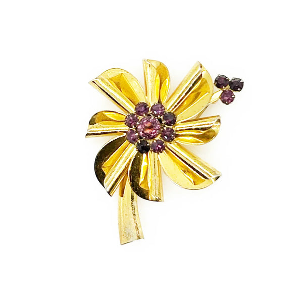 Vintage Flower Brooch of Sterling Silver with Purple Rhinestones