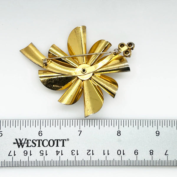 Vintage Flower Brooch of Sterling Silver with Purple Rhinestones