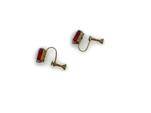 Vintage Ruby Red Glass Sterling Silver Solitaire Earrings
