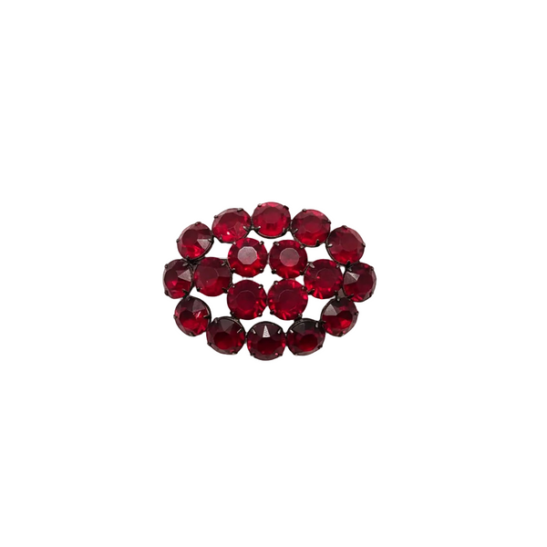 A cluster of faceted dark red rhinestones arranged in a small oval cluster on a plain white background.