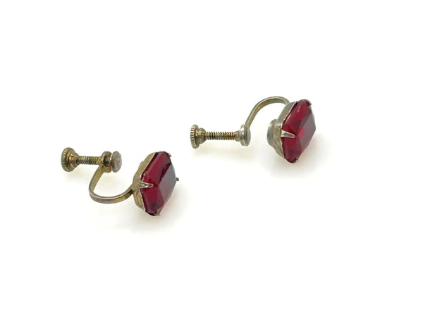 Vintage Ruby Red Glass Sterling Silver Solitaire Earrings