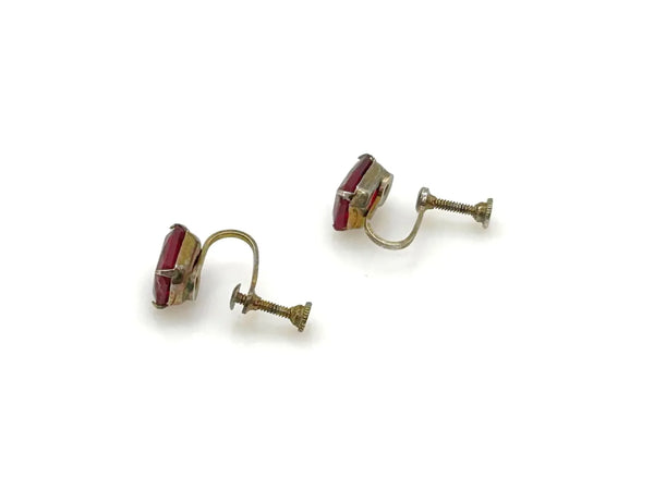 Vintage Ruby Red Glass Sterling Silver Solitaire Earrings